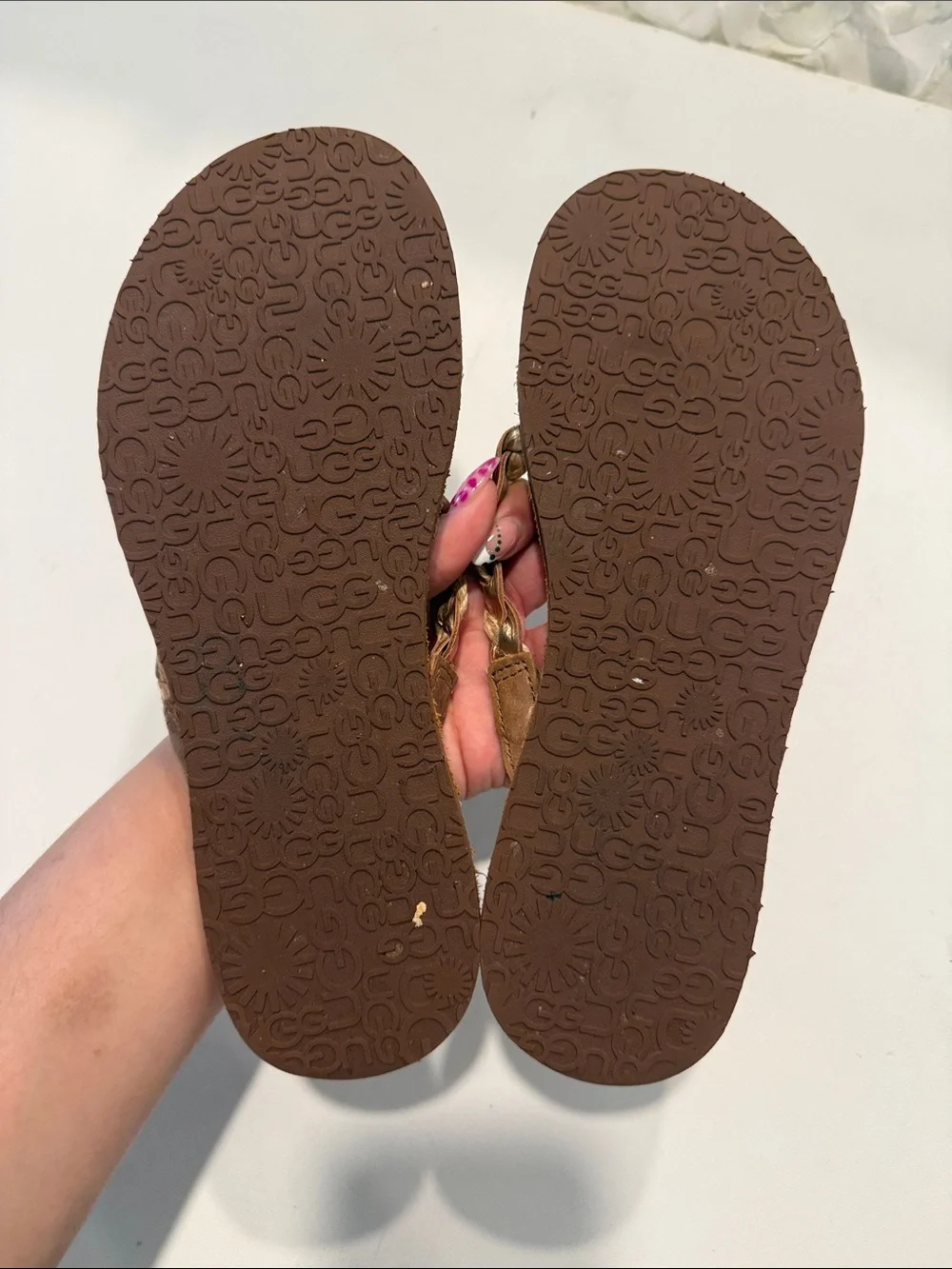 UGG Women's Brown Leather Braided Thong Sandals with Metallic Braids